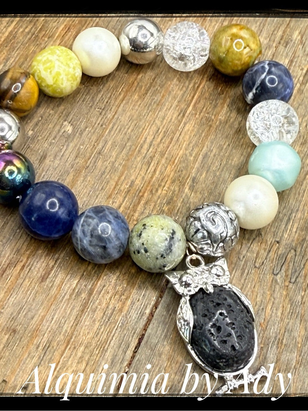 Alquimia Blue, Green & Cream Beaded Bracelet with Owl Pendant